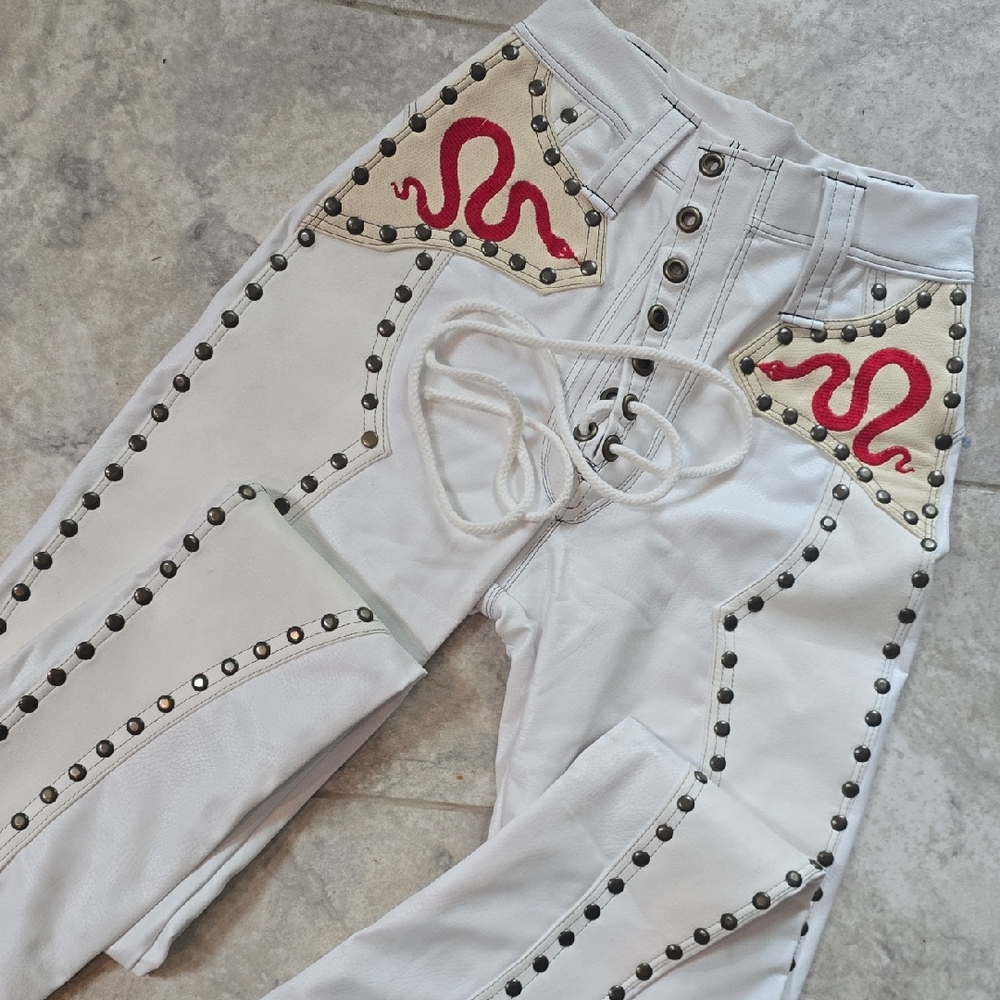 White Pants with Red Snake Design